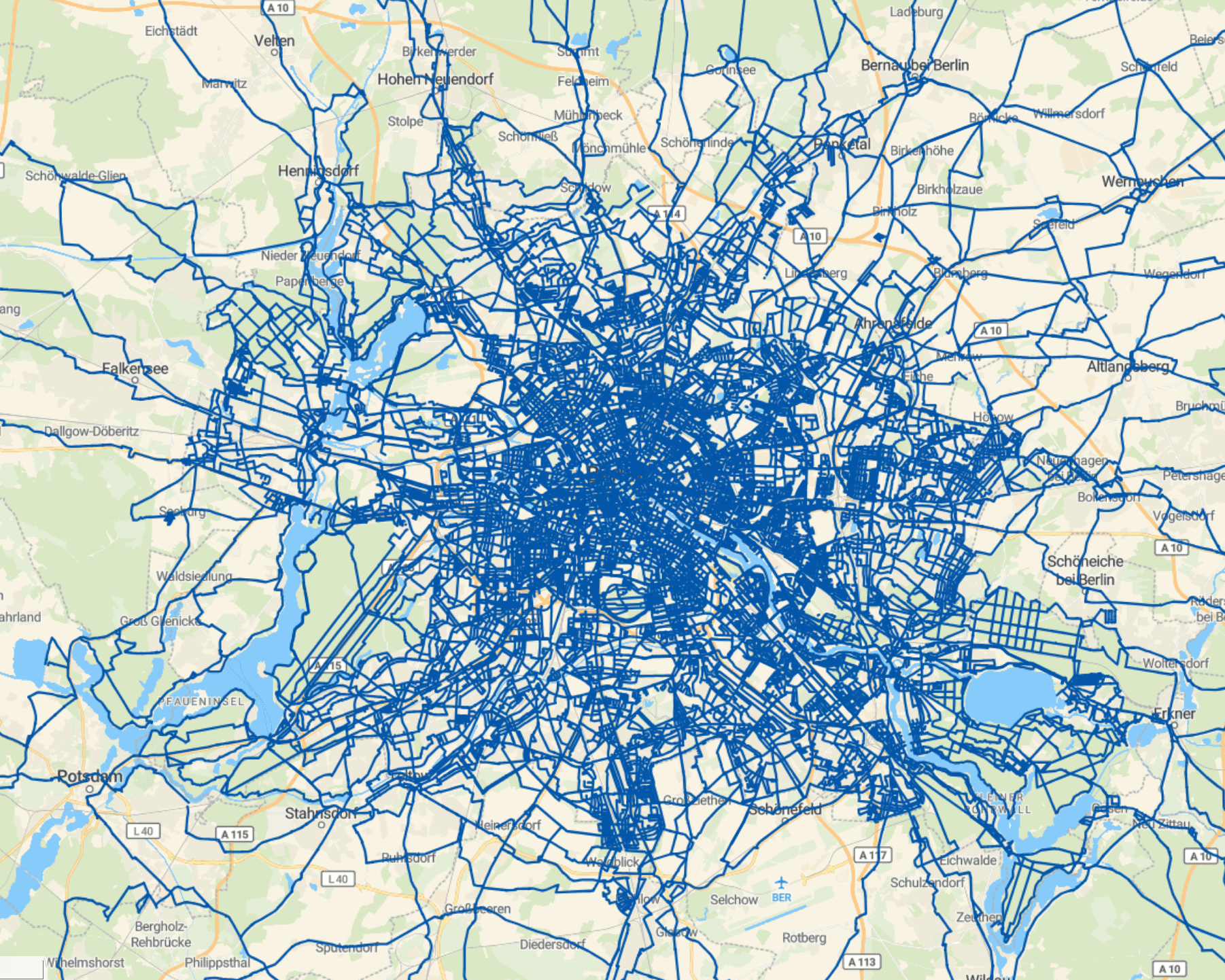 Map showing explored and unexplored roads